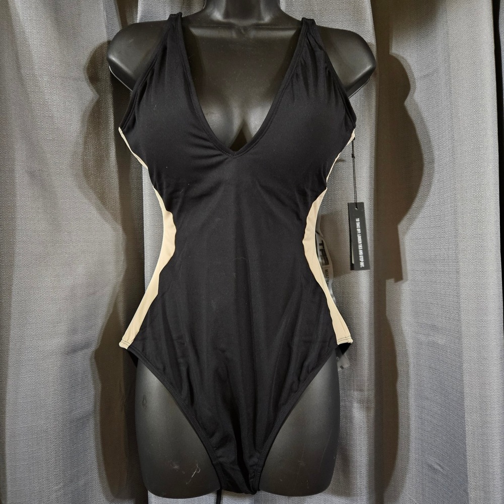 TA3 Plungey Contour One Piece Swimsuit Black Oat Sculpting Lace Up Back Large RL